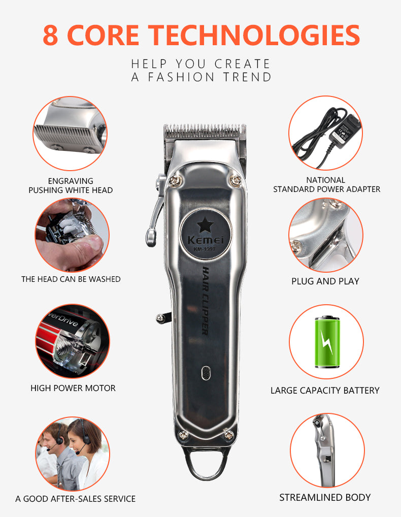 Kemei Rechargeable Electric Hair Clipper for Men – Professional Cordless Trimmer for Home & Salon Use