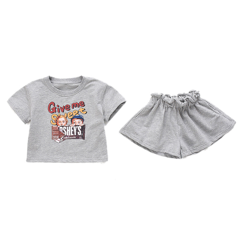 Ensemble t-shirt manches courtes à imprimé dessin animé et short taille dentelle pour fille