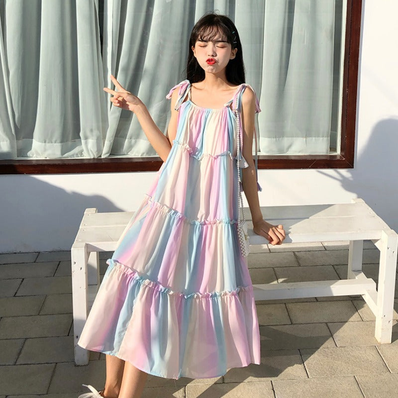 Robe Salopette Rayée Arc-en-ciel d'Été, Style Coréen Ample pour Fille, Robe de Plage Longue Ample Style Vacances à la Française