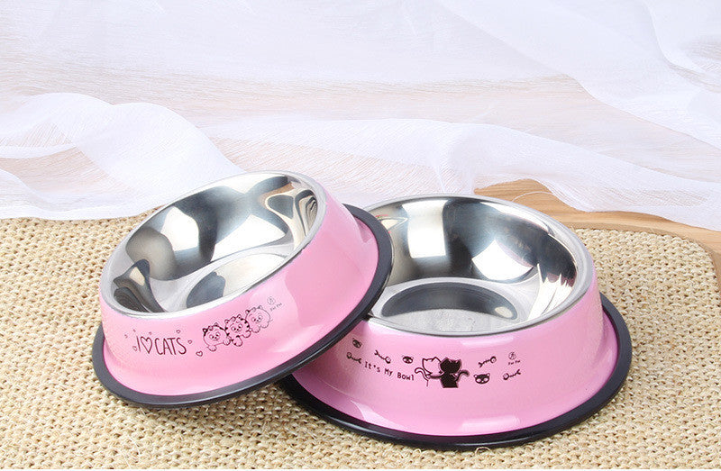 Tazón para mascotas de acero inoxidable antideslizante con pintura en spray de colores, tazón individual para comida de perro, estampado de dibujos animados para perros y gatos.