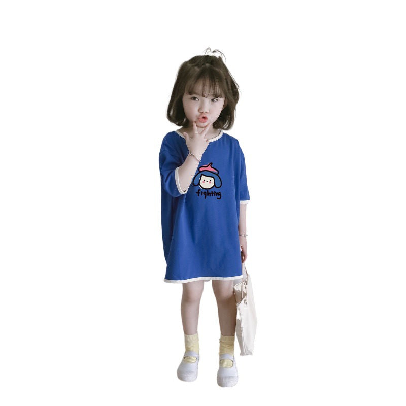 Vestido holgado de algodón para niña, manga corta, camiseta, vestido, top lindo con bloques de color