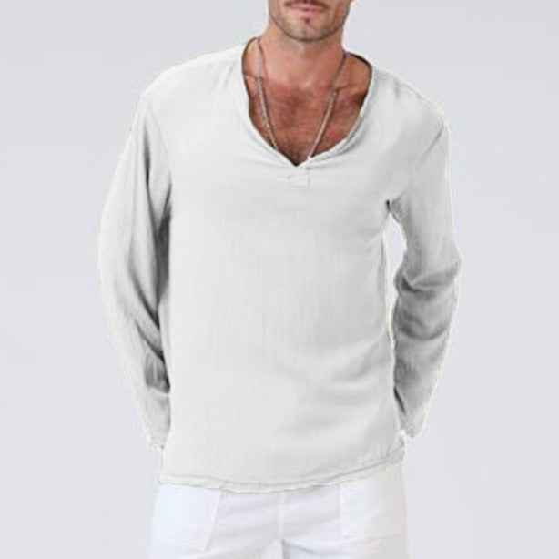 Men's Cotton Linen Ethnic Style T-Shirt – V-Neck Long Sleeve | S–5XL