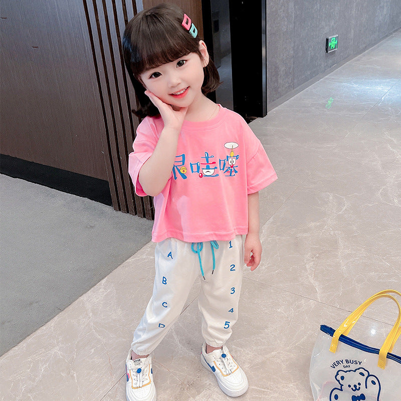 Ensemble d'été coréen pour filles, nouvelle collection, t-shirt à manches courtes imprimé pour bébé et pantalon de sport pour enfants