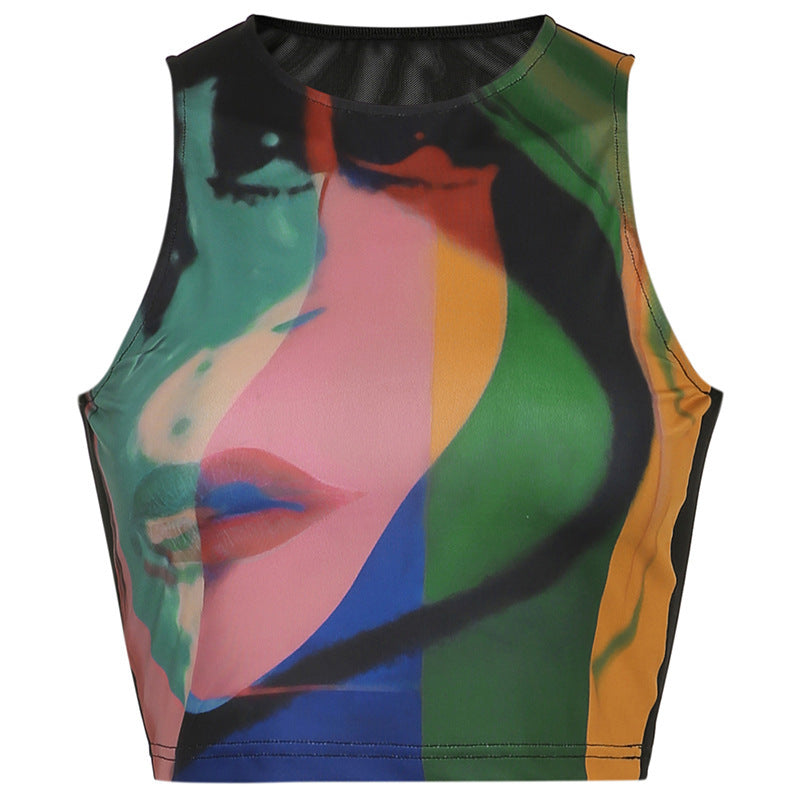 Retro Painting Print Mesh Tank Top – Women’s Vintage Slim Top | S–L