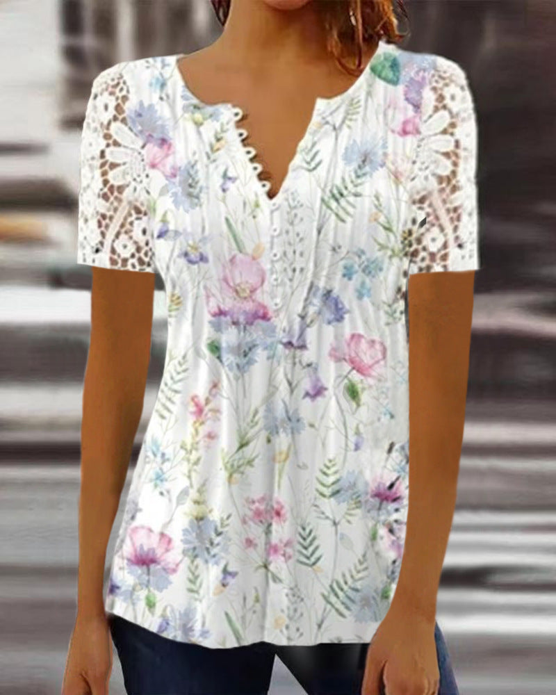 Women's Lace Lace Sleeve Pleated Solid Color Printing Button Short Sleeve