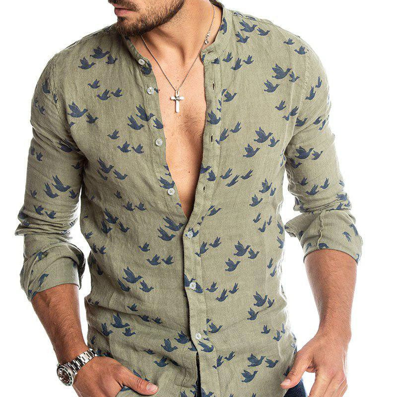 Chemise à col montant colorblock en lin imprimée en 3D