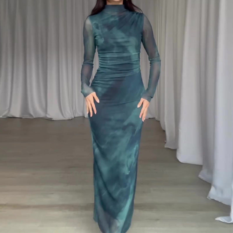 Robe longue moulante pour femme à manches longues tie-dye