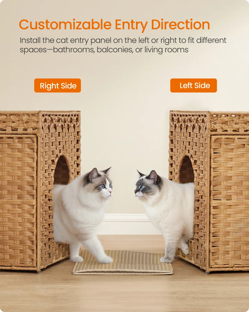 Handwoven Rattan Cat Litter Box Cabinet — Boho Woven Furniture with Washable Tray