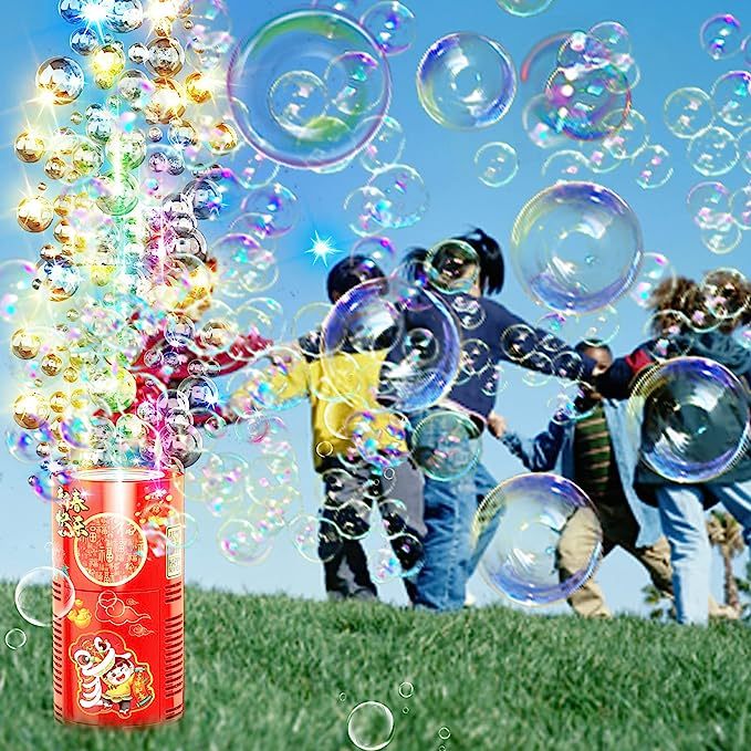Machine à bulles de feux d'artifice avec 80 ml de solution à bulles, machine à bulles automatique portable avec lumières et musique désactivable, jouets machine à bulles pour enfants pour activités extérieures, fêtes, mariages, Noël