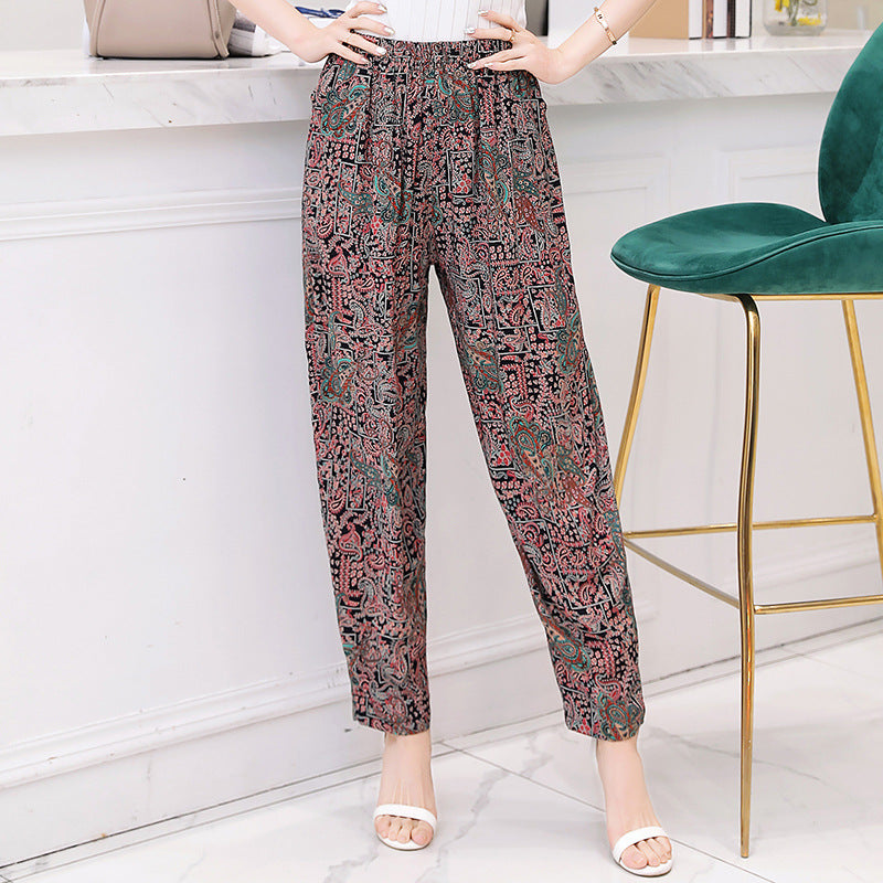 Bloomers en Coton et Lin Fleuris Rouge Vif et Bleu | Pantalon Maternité Grande Taille Respirant Confortable Taille Haute