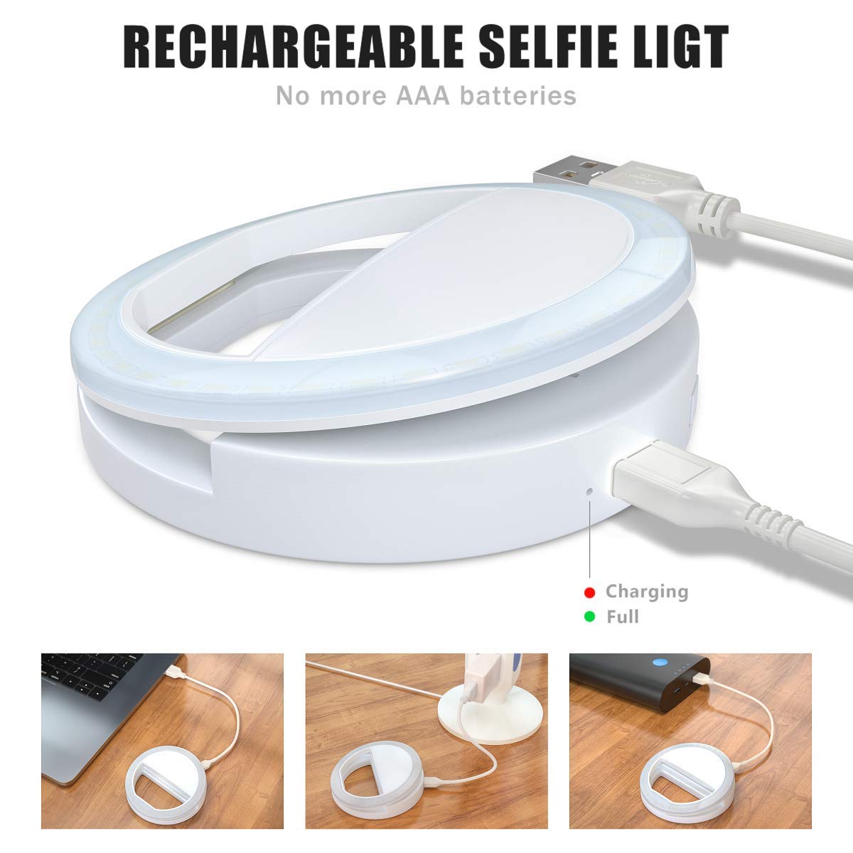 Clip-On Ring Light Rechargeable - 36 LED Lights 3-Level Adjustable Brightness for Phones