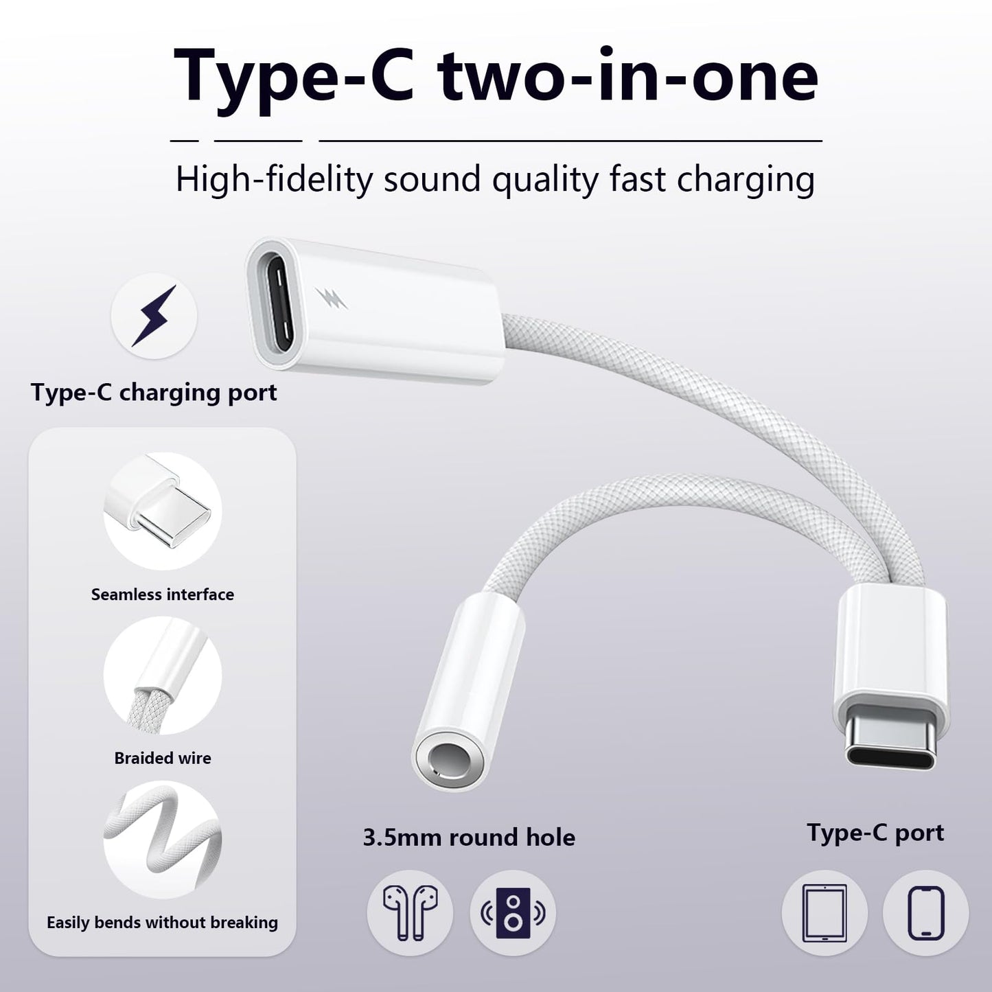 To 3.5Mm Headphone And Charger Adapter, 2-In-1 Usb Type C To Aux Jack Dongle Cab