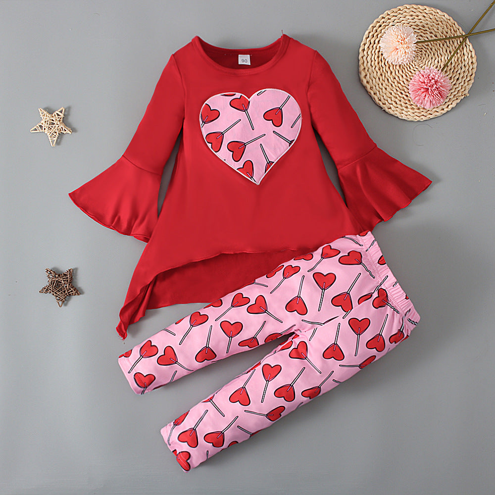 Fashion Flared Sleeve Top Trousers Love Pattern Two-piece Suit