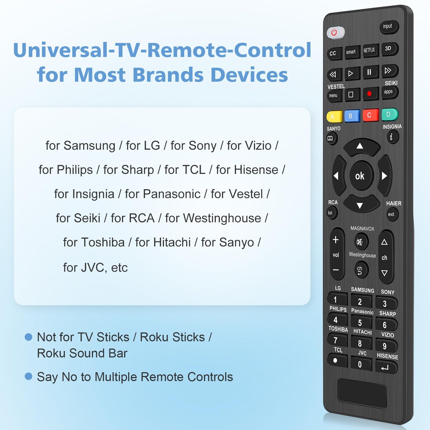 Universal TV Remote Control - Compatible with Samsung LG Vizio TCL Sony Insignia Philips Panasonic