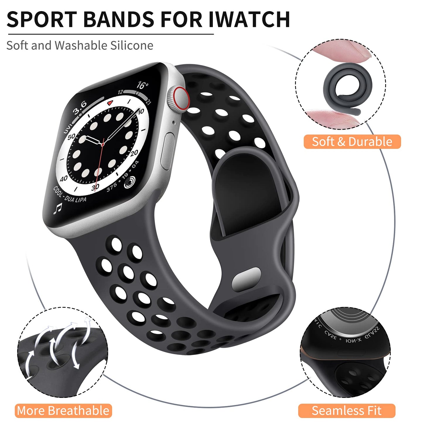 Watch Silicone Sport Band Black — Soft Breathable Strap for Series 3-11, SE & Ul