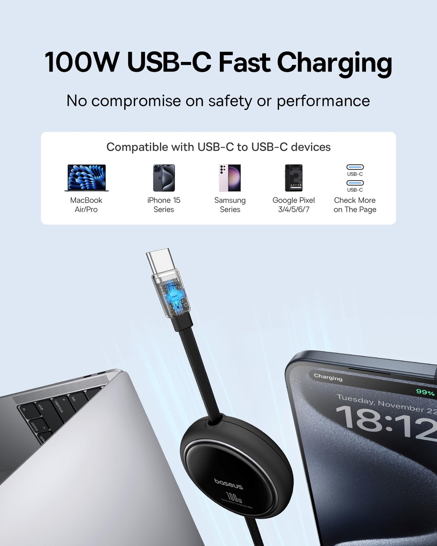 USB-C to USB-C Cable 100W Retractable - 5A Fast Charging 4-Stage Length Adjustable