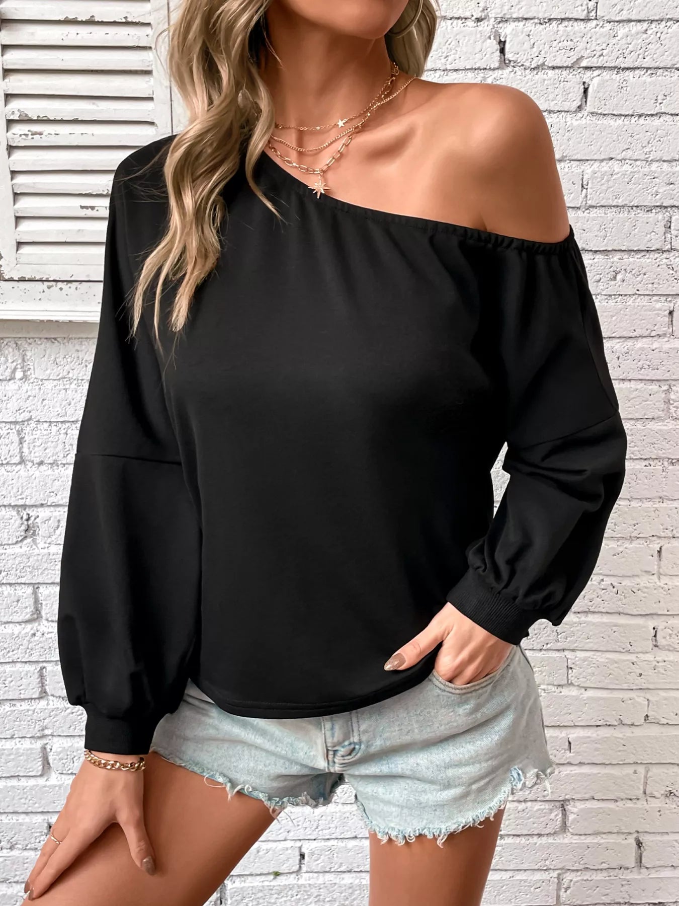 Sweat-shirt décontracté à manche longue et épaule dénudée