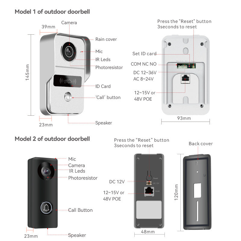 Vidéophone 1V2, surveillance en temps réel, sonnette sans fil, système d'interphone intelligent