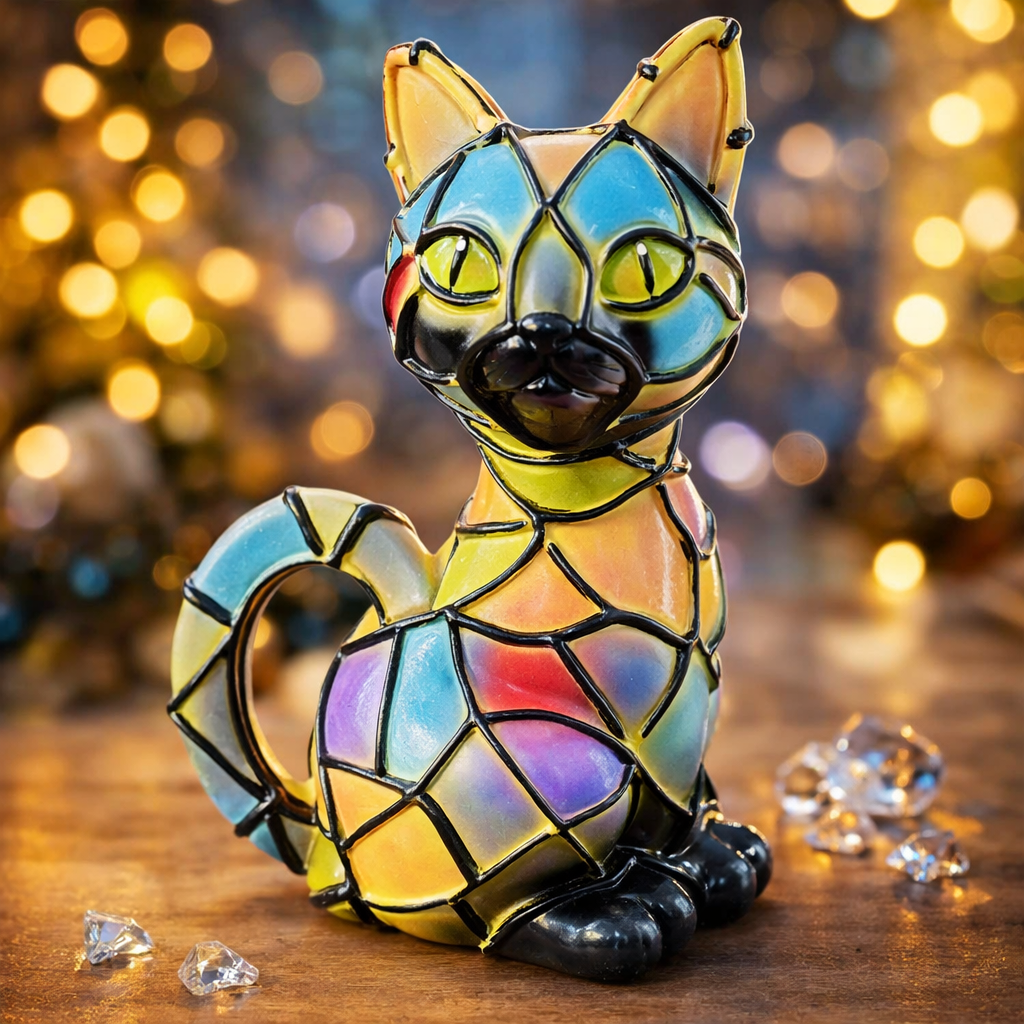 Tiffany-Style Black Cat Table Lamp Stained Resin Decorative Light