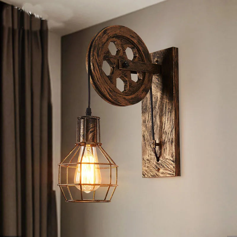 Vintage Industrial Pulley Wall Sconce LED Bedroom Mirror Retro Wall Light