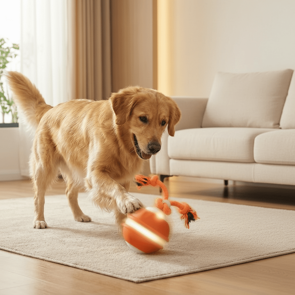 Interactive Dog Toy Motion Sensor Ball with Tug Rope Active Play Toy