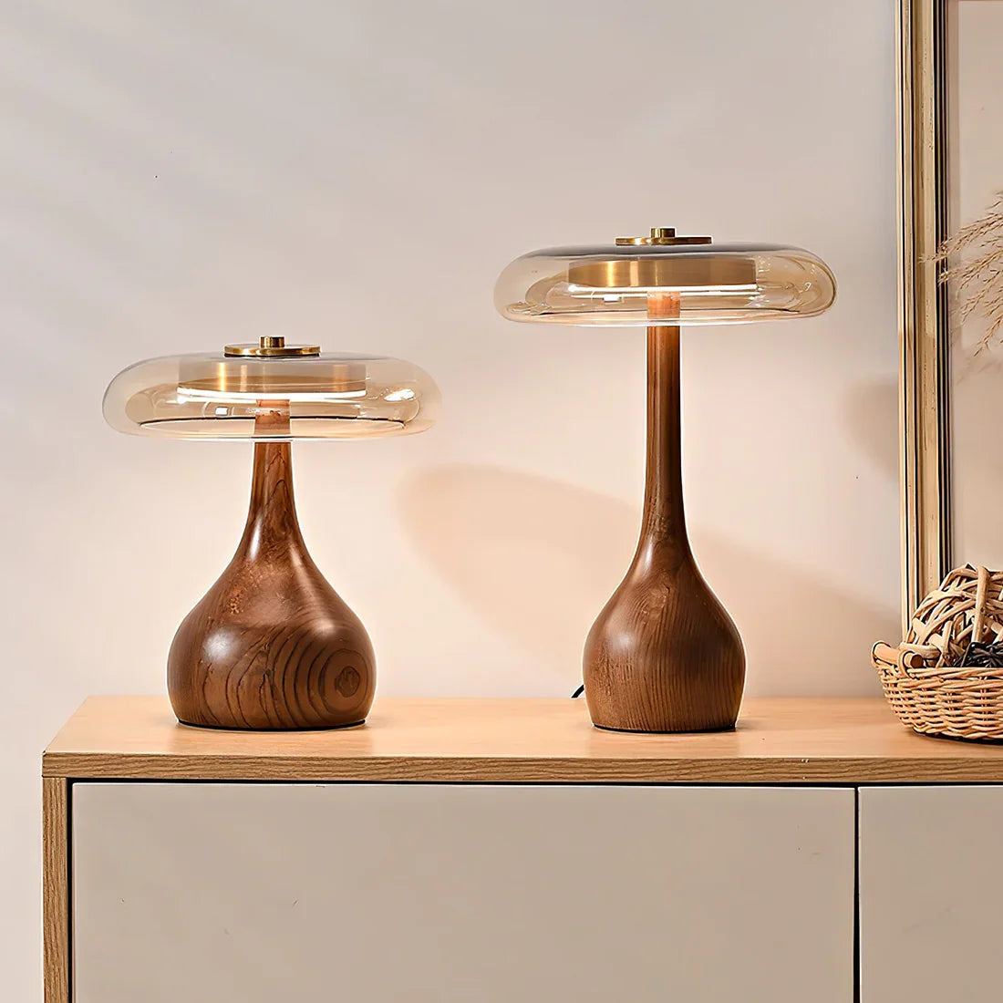 Mid Century Wood Glass Table Lamp LED Dimmable Walnut Disc Light