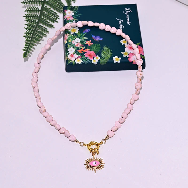 Heart Choker Necklace with Colorful Beads | Bohemian Eye Pendant Set for Women