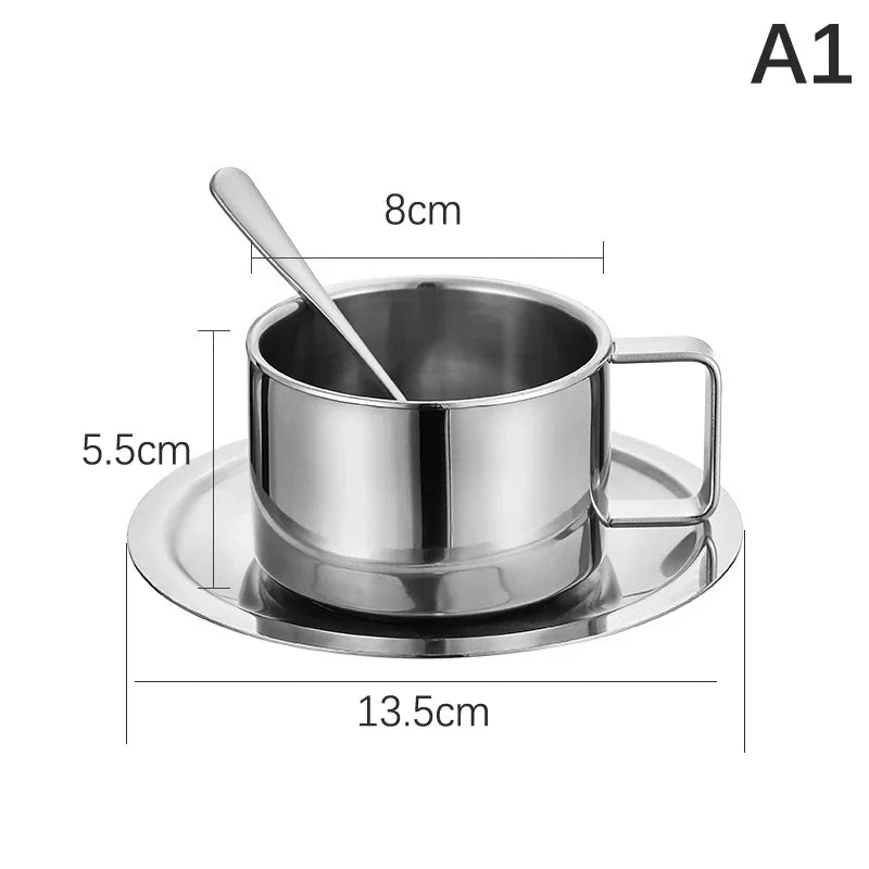 Double Wall Stainless Steel Coffee Cup Set | 180ml/200ml Hot Drink Set with Saucer and Spoon