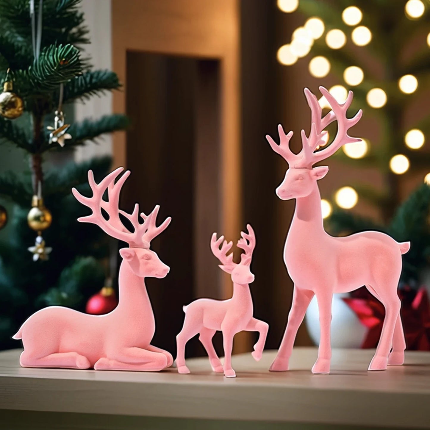 Lot de 3 grandes figurines de Noël - Décoration de Noël en forme de renne floqué rose - Statue d'élan blanc en résine synthétique massive