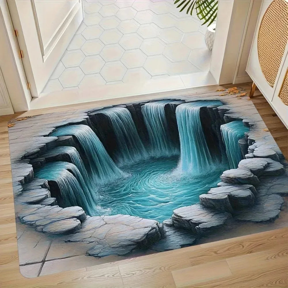 Tapis de porte illusion d'optique 3D cascade Paysage nature Tapis de bienvenue antidérapant absorbant l'eau Tapis de décoration intérieure