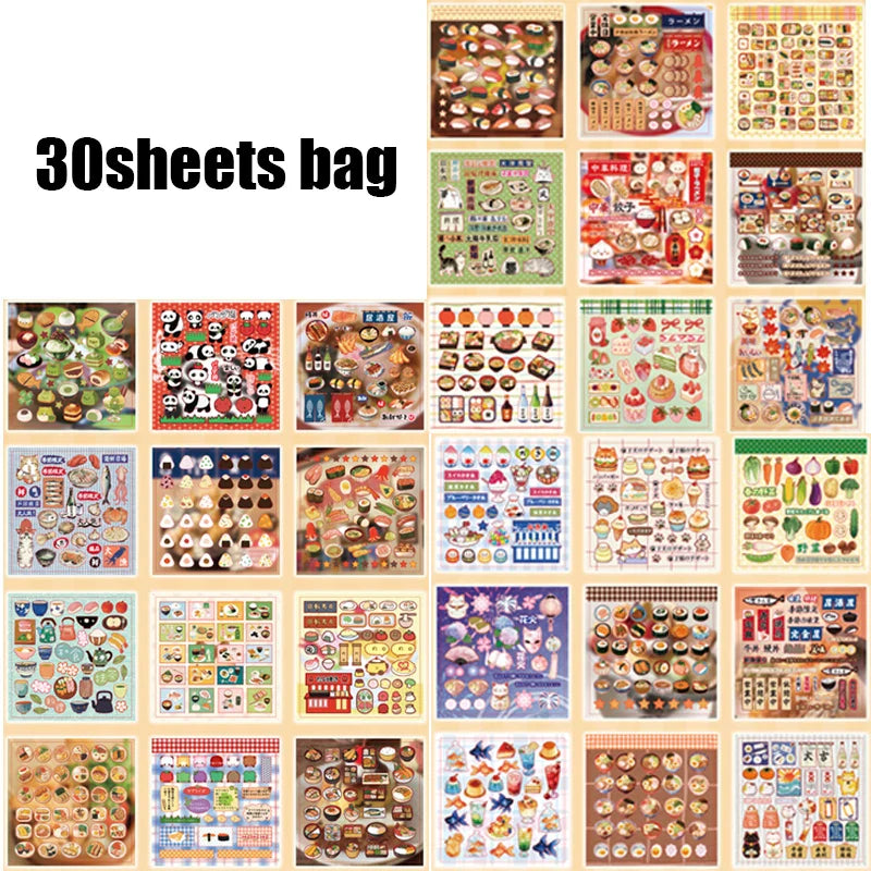 30pcs Japanese Vintage Food Theme Die-Cut Sticker Set | DIY Scrapbooking and Journaling Kit