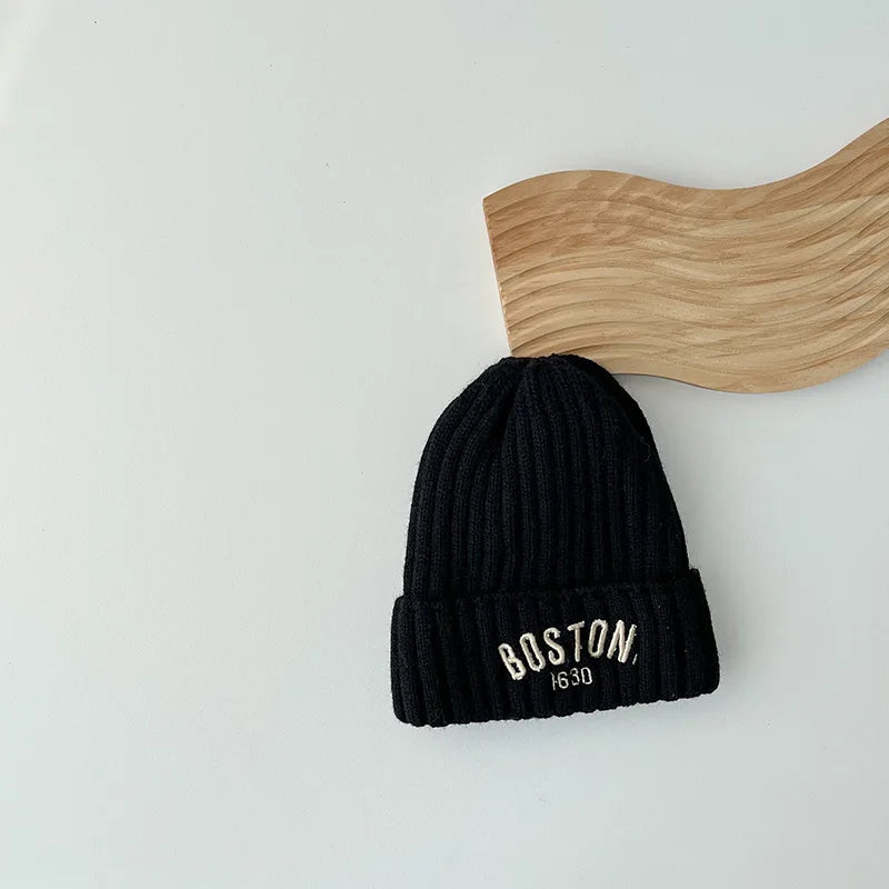 Boston Knitted Baby Hat with Letter Design | Winter Ear Protection Cap