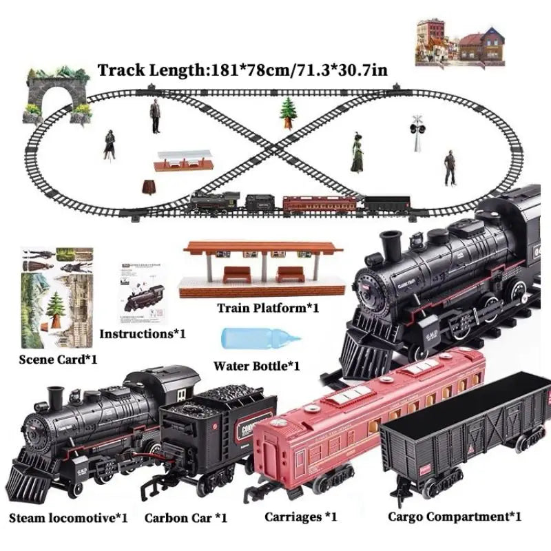 Kids Electric Train Set with Steam Smoke Lights Sounds Battery Powered