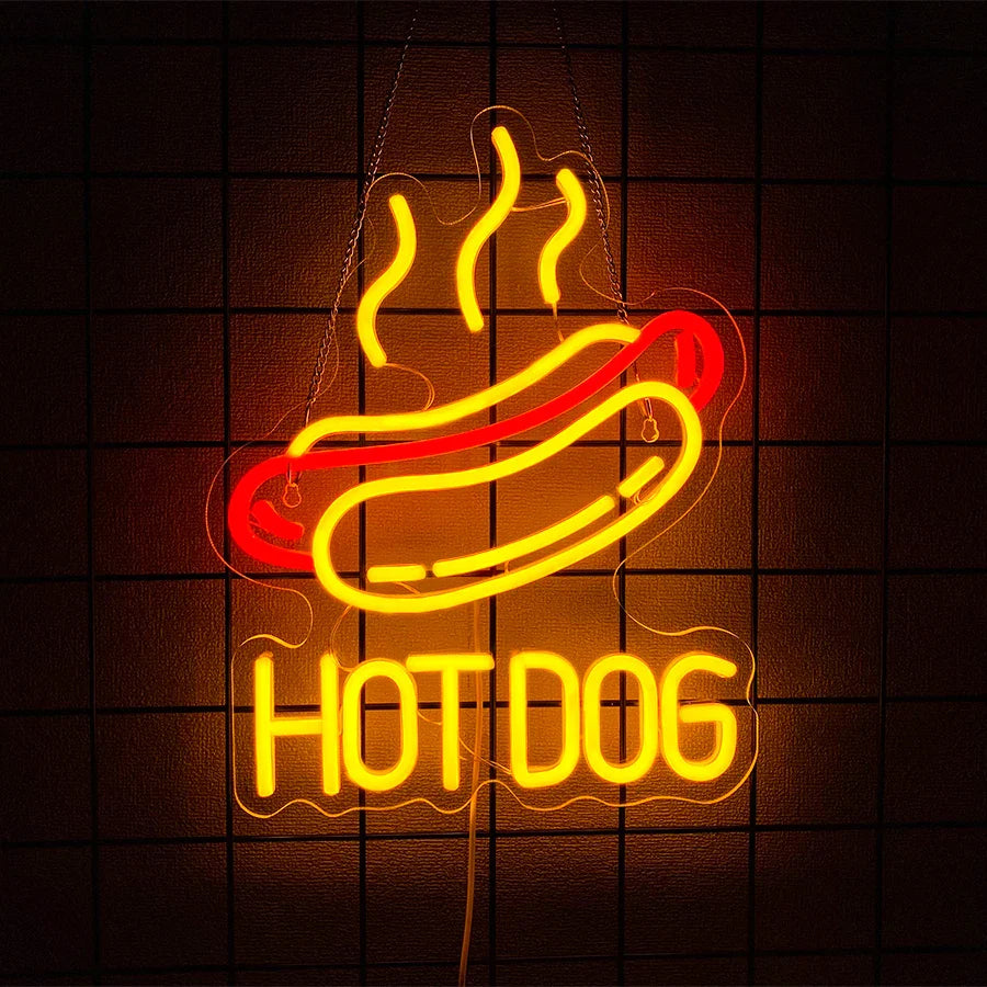 Enseignes Néon Fast-Food, Icônes Alimentaires Pizza et Hot-Dog, Alimentation USB, Utilisées pour la Décoration Murale des Magasins, Cuisines, Restaurants Fast-Food.