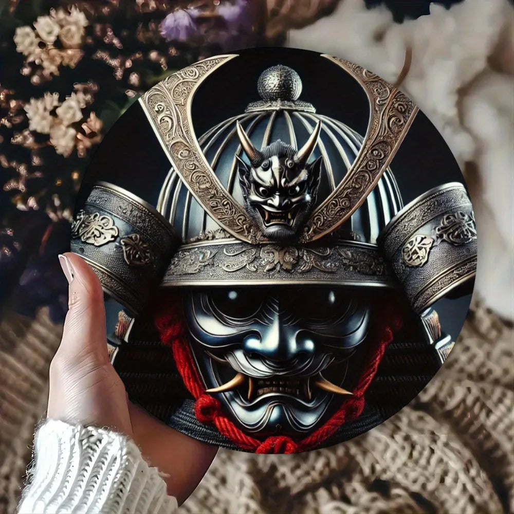 Panneau métallique rond : Casque de samouraï japonais (Masque Oni) - Décoration murale, Chambre, Café, Maison et Dortoir