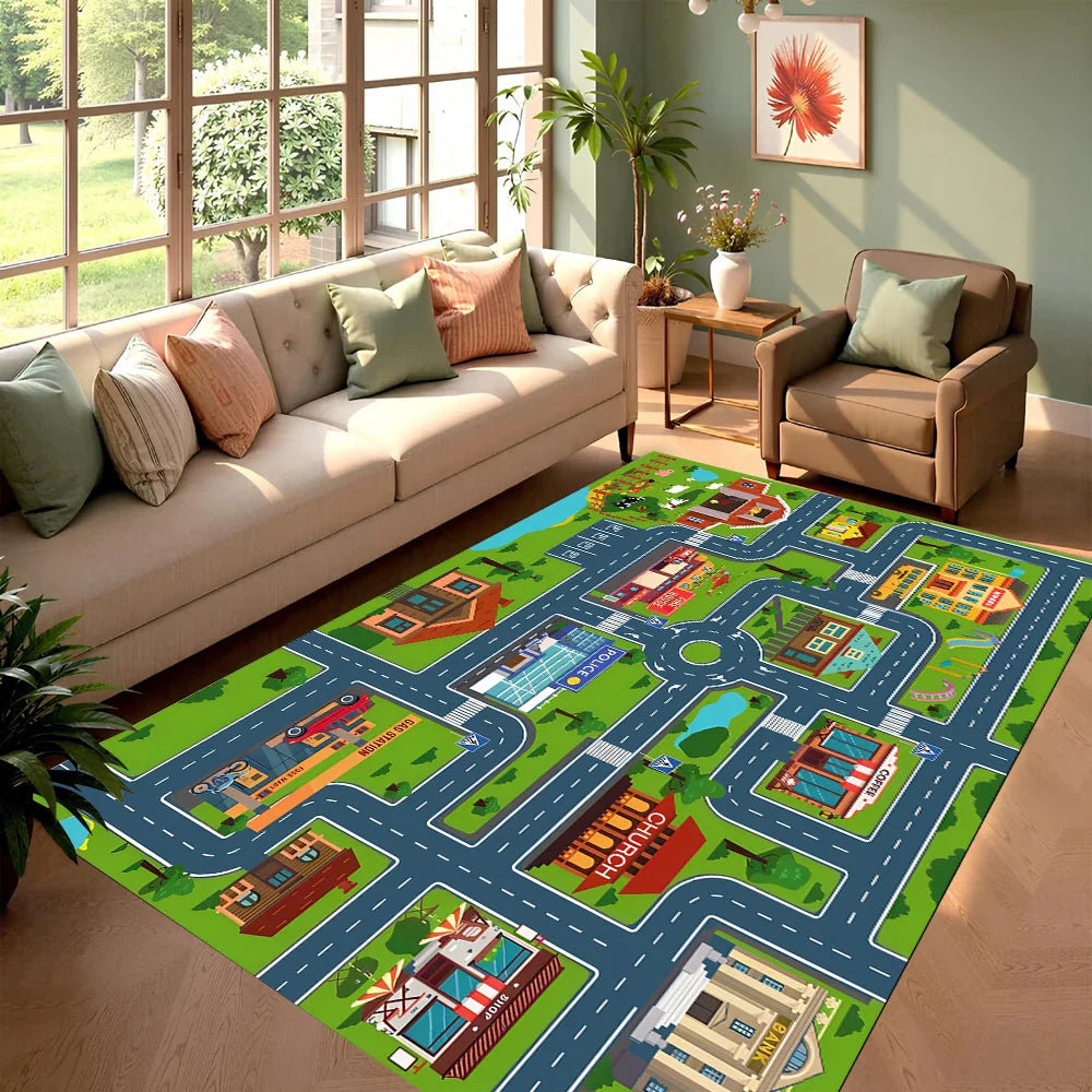 Alfombra infantil con diseño de ciudad y pista de carreras, antideslizante, suave, fácil de limpiar, ideal para el área de juegos en casa, casa de vacaciones, decoración interactiva