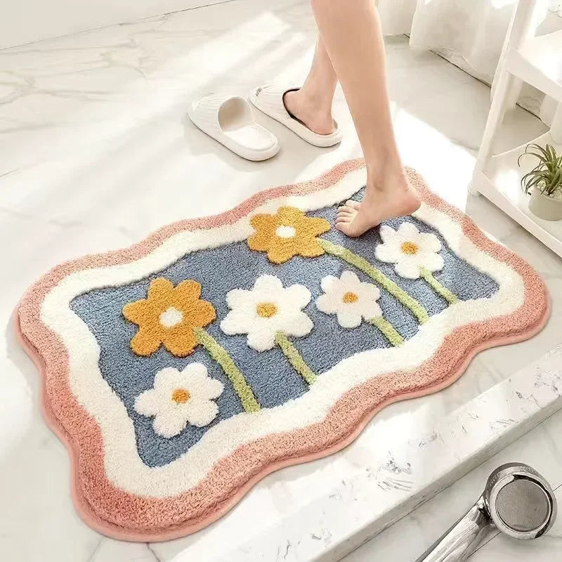 VIKAMA | Tapis en imitation cachemire à motif floral frais - Antidérapant, Tapis de bain absorbant/Paillasson de salon/Tapis de sol polyvalent
