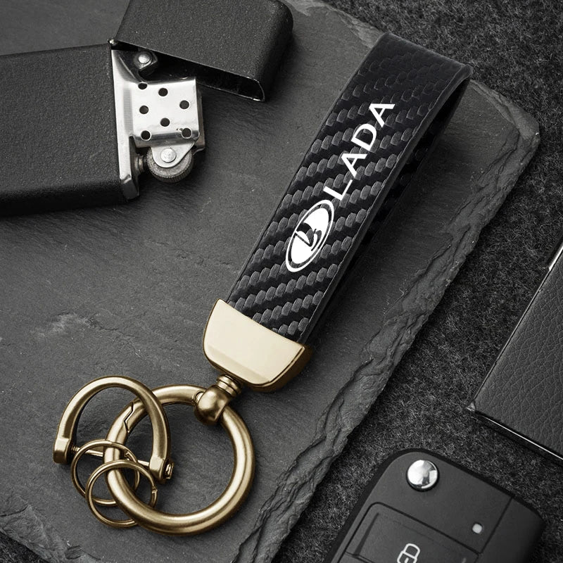 Car Carbon Fiber Style Keychain | Lada Accessory with Microfiber Leather