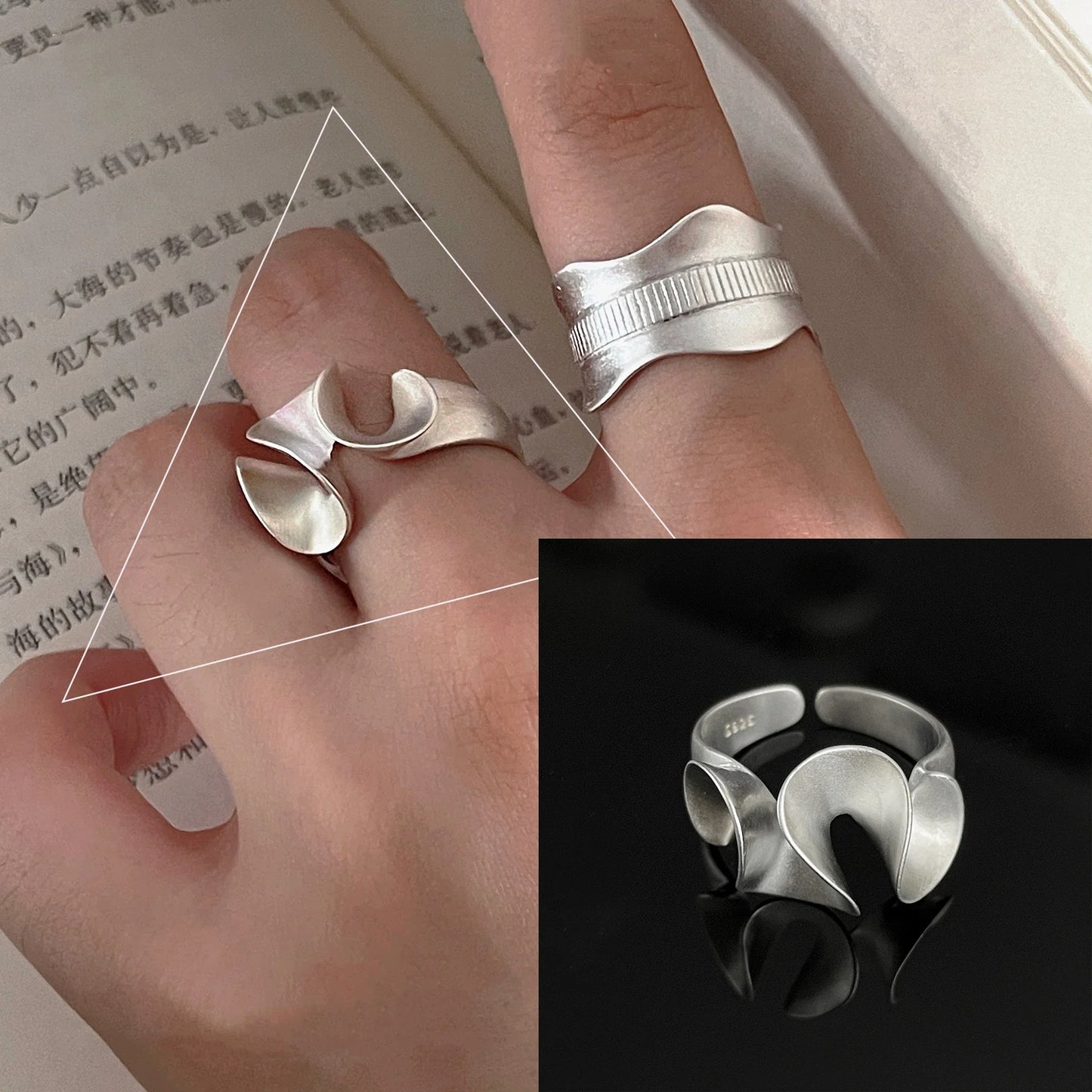 VENTFILLE 925 Sterling Silver Arched Wide Geometric Punk Ring | Asymmetric Cocktail Jewelry