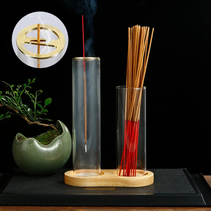 Brûleur d'encens en verre 2 en 1 pour bâtonnets, anti-cendres volantes, avec cendrier amovible et organiseur de bâtonnets d'encens