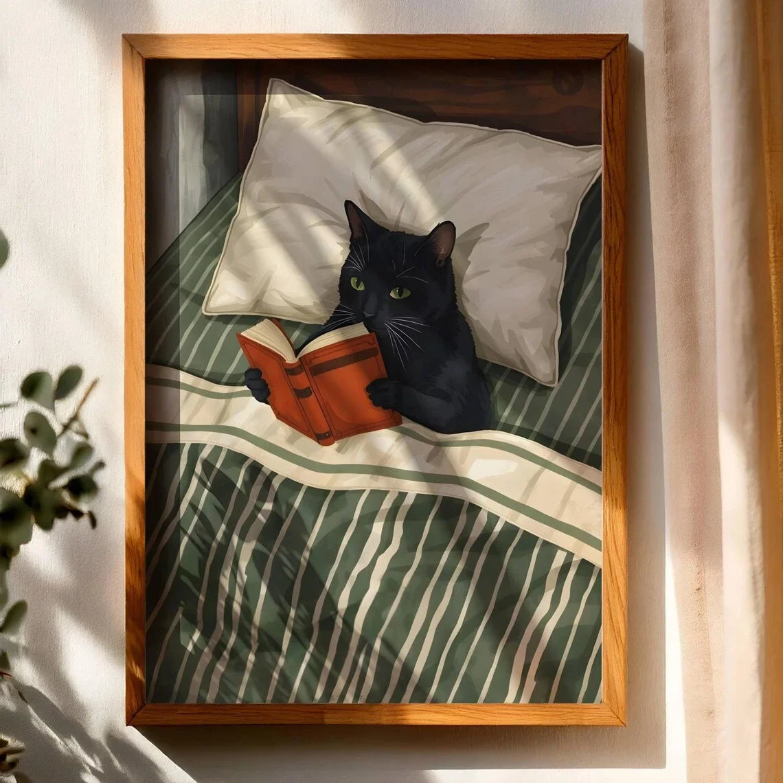 Lámina Gato Lector – Arte de Pared Gato Negro, Póster Acogedor para Dormitorio, Ilustración de Gato Amante de los Libros, Lámina de Gato en la Cama, Decoración de Lectura, Gato B