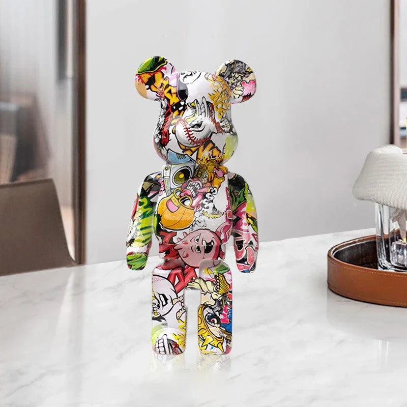 27cm/10 pouces Figurine d'ours Graffiti Décoration d'intérieur Animal Ornement Abstrait Pot de rangement d'argent Sculpture de chambre moderne Décor de table