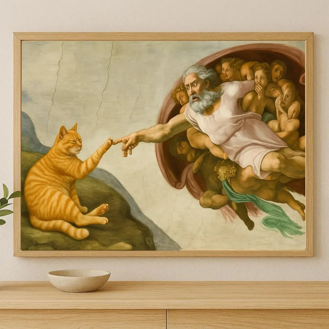 "Estampa de pared caprichosa 'La Creación de Adán' con gato naranja - Póster parodia de arte clásico para sala de estar ecléctica, peculiar