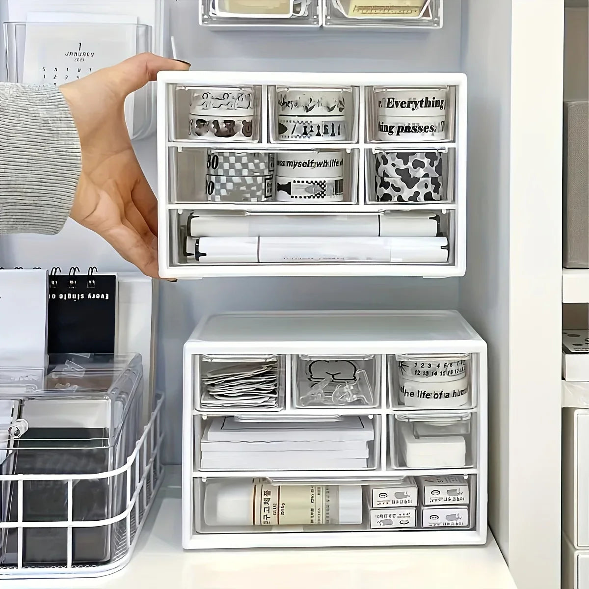 Organisateur de bureau en plastique grande capacité 1 pièce avec tiroir – Rangement multifonctionnel pour fournitures de bureau et papeterie – Organisateur de chambre à coucher