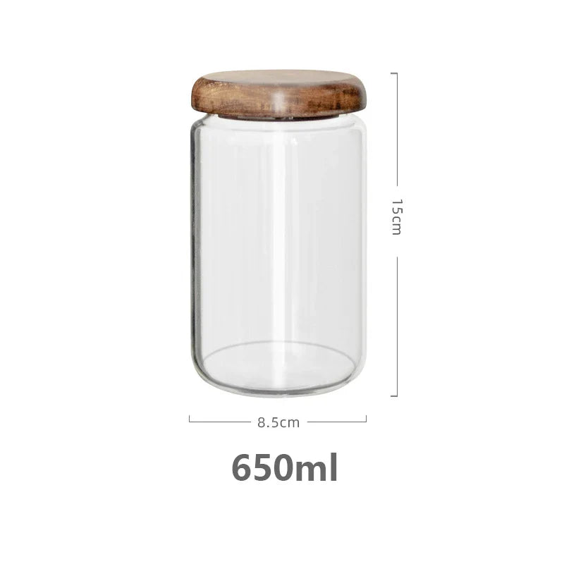 KEMORELA Bocal de conservation alimentaire transparent en bois d'acacia, pot à thé rond, pour fruits secs, snacks, pot de rangement en verre scellé pour la cuisine