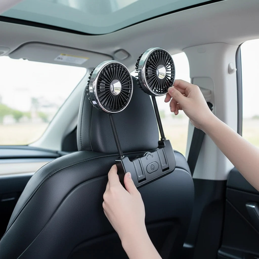 Comfort Breeze | Dual-Head Rear Seat Fan with 360° Rotation & USB-C Charging | Adjustable Airflow for Passenger Comfort