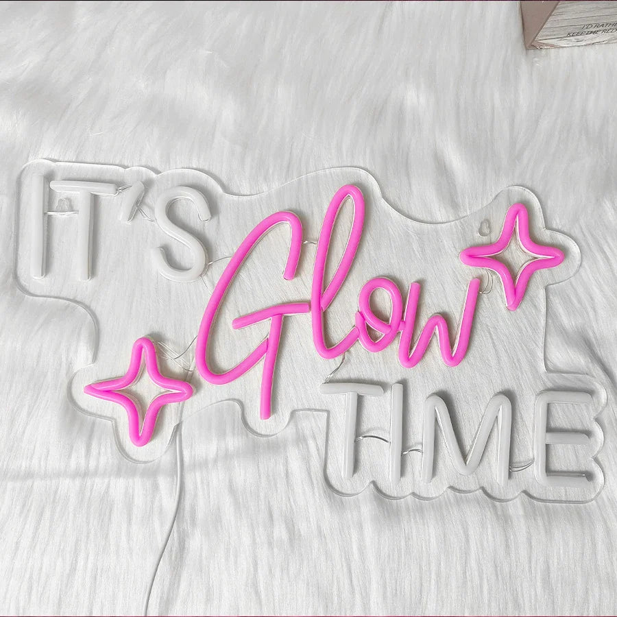 Enseigne Néon « It's Glow Time », Icône Cœur Rose Faite Main Alimentée par USB, Utilisée pour les Enterrements de Vie de Garçon, les Salons de Beauté, la Décoration Artistique des Salons de Manucure.
