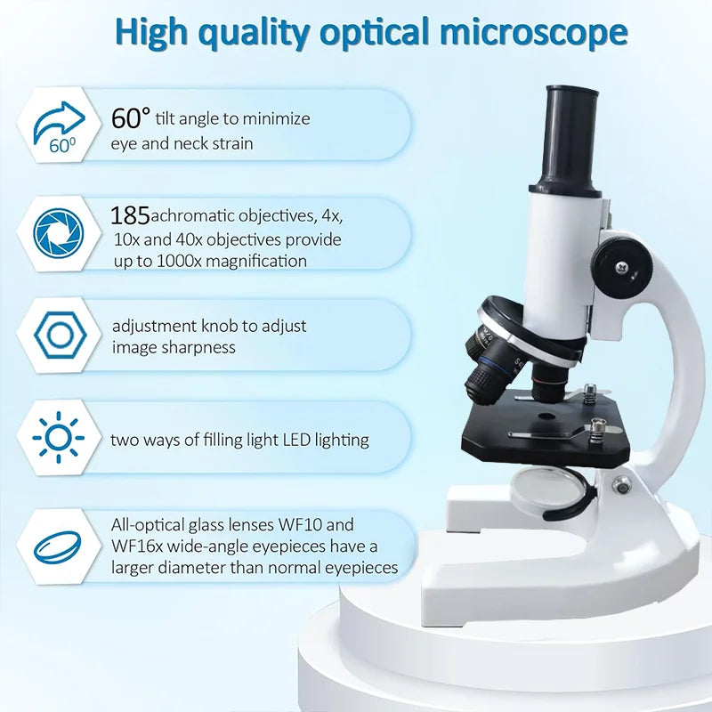 Microscopio 40X-2000X para niños y adultos con luz LED y adaptador para teléfono, kit de ciencias