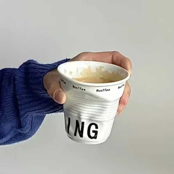 Tasse à café et tasses de style coréen de 200 ml, tasse en céramique blanche nordique froissée de 200 ml, gobelet à café, lettre anglaise