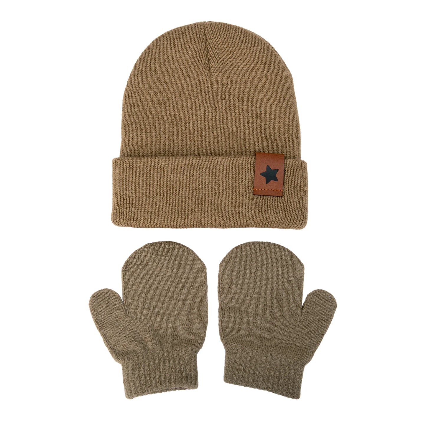 Baby Knitted Hat and Glove Set | Solid Winter Turban with Leather Star Tag